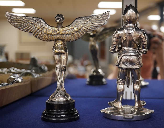 Eight figural chrome and brass car mascots, etc. including a knight in full armour mounted on a threaded radiator cap, a sphinx mounted on a threaded radiator cap, plus an additional sphinx mounted on an alabaster plinth